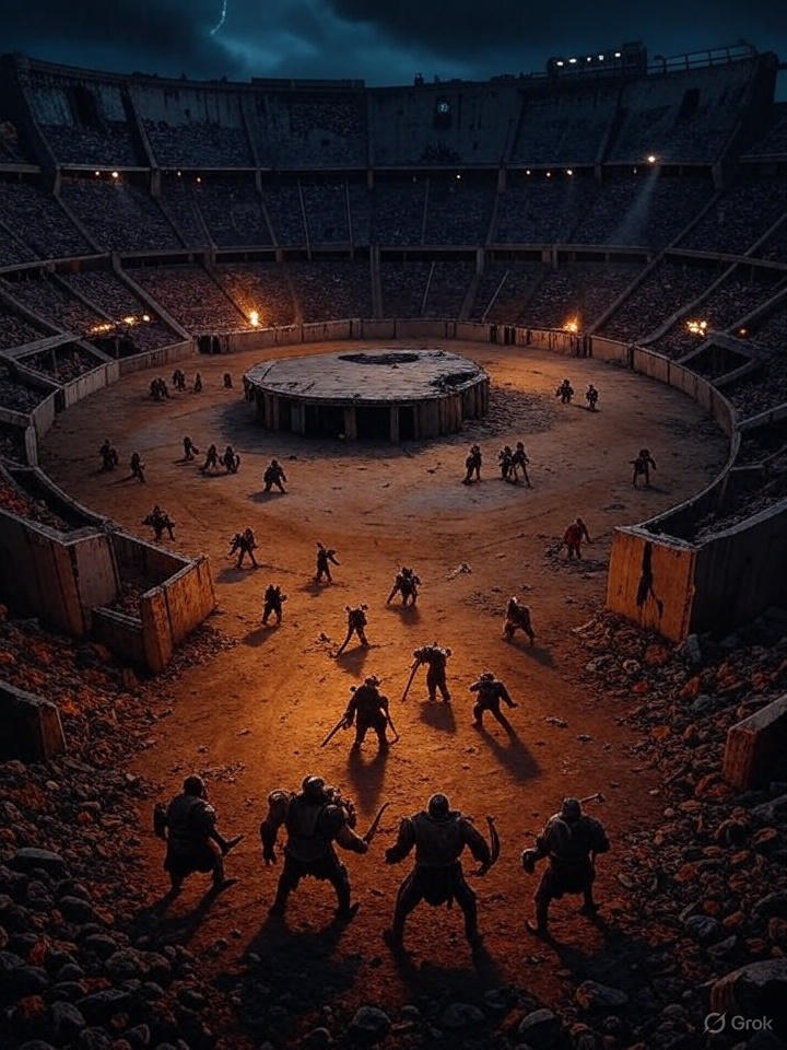 Post-apocalyptic battle arena with stormy skies and survivors